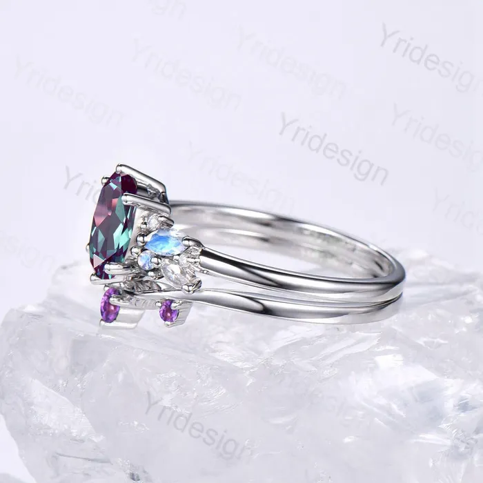 PENFINE Rings Unique Alexandrite Engagement Ring Set 14k White Gold Moonstone June Birthstone Wedding Set Leaf Amethyst Promise Stacking Band Bridal Set PENFINE Rings Unique Alexandrite Engagement Ring Set 14k White Gold Moonstone June Birthstone Wedding Set Leaf Amethyst Promise Stacking Band Bridal Set