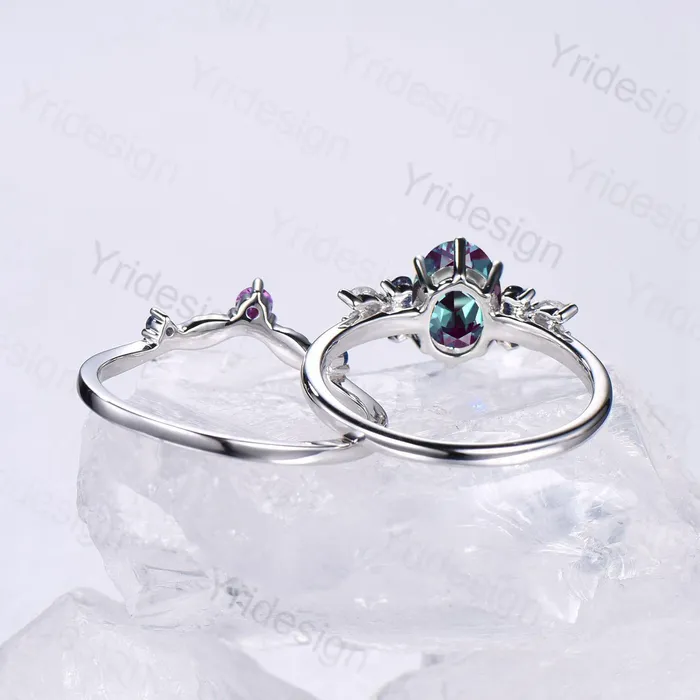 PENFINE Rings Unique Alexandrite Engagement Ring Set 14k White Gold Moonstone June Birthstone Wedding Set Leaf Amethyst Promise Stacking Band Bridal Set PENFINE Rings Unique Alexandrite Engagement Ring Set 14k White Gold Moonstone June Birthstone Wedding Set Leaf Amethyst Promise Stacking Band Bridal Set