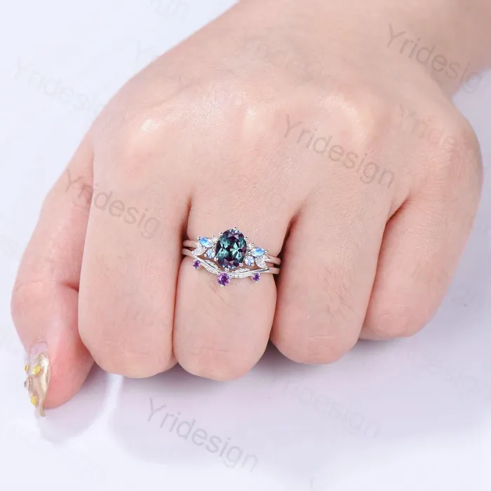 PENFINE Rings Unique Alexandrite Engagement Ring Set 14k White Gold Moonstone June Birthstone Wedding Set Leaf Amethyst Promise Stacking Band Bridal Set PENFINE Rings Unique Alexandrite Engagement Ring Set 14k White Gold Moonstone June Birthstone Wedding Set Leaf Amethyst Promise Stacking Band Bridal Set