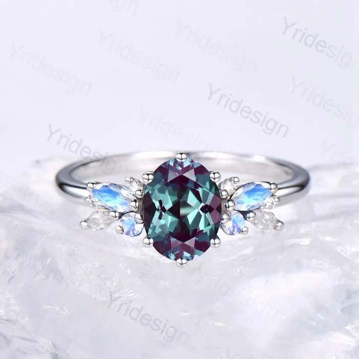 PENFINE Rings Unique Alexandrite Engagement Ring Set 14k White Gold Moonstone June Birthstone Wedding Set Leaf Amethyst Promise Stacking Band Bridal Set PENFINE Rings Unique Alexandrite Engagement Ring Set 14k White Gold Moonstone June Birthstone Wedding Set Leaf Amethyst Promise Stacking Band Bridal Set
