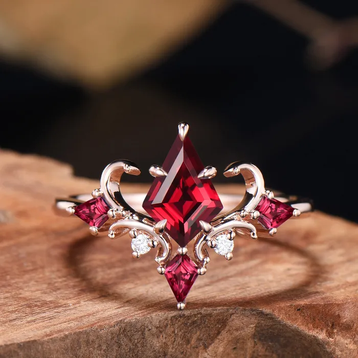 PENFINE Rings Unique Kite Cut Ruby Engagement Ring Rose Gold Four Max