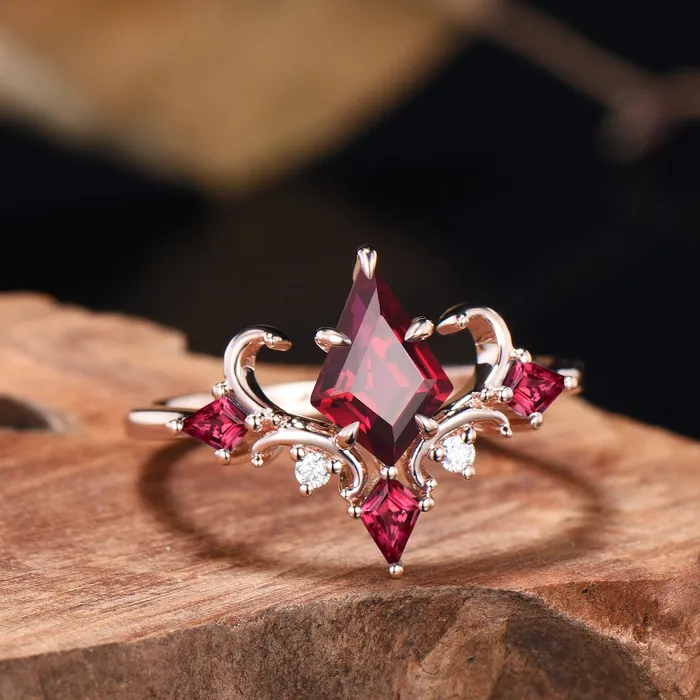 PENFINE Rings Unique Kite Cut Ruby Engagement Ring Rose Gold Four Max