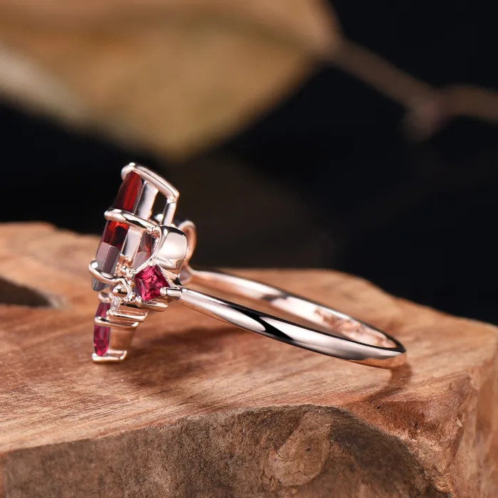 PENFINE Rings Unique Kite Cut Ruby Engagement Ring Rose Gold Four Max