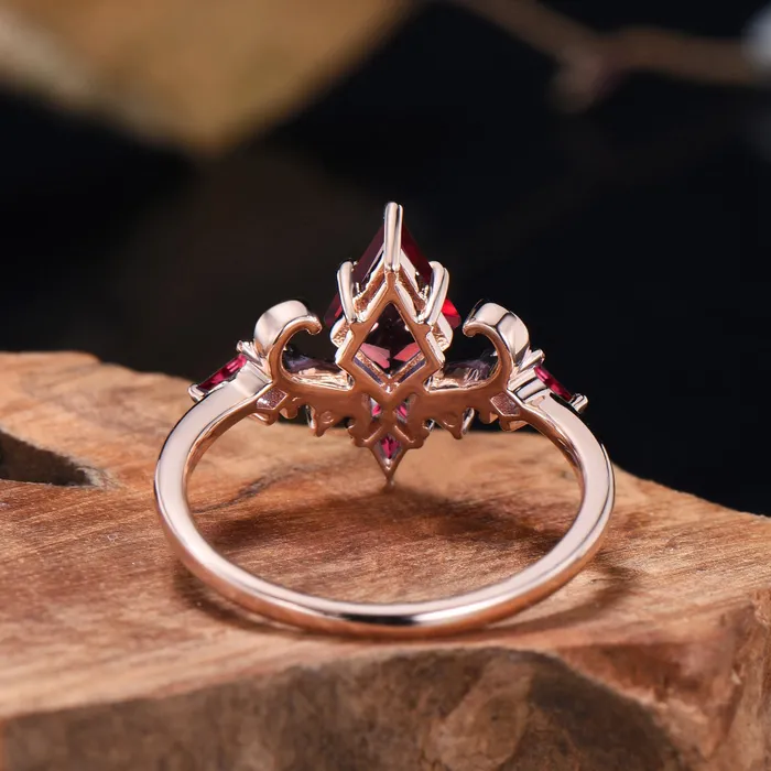 PENFINE Rings Unique Kite Cut Ruby Engagement Ring Rose Gold Four Max
