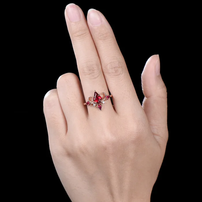 PENFINE Rings Unique Kite Cut Ruby Engagement Ring Rose Gold Four Max