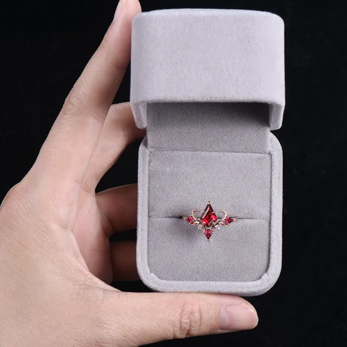 PENFINE Rings Unique Kite Cut Ruby Engagement Ring Rose Gold Four Max