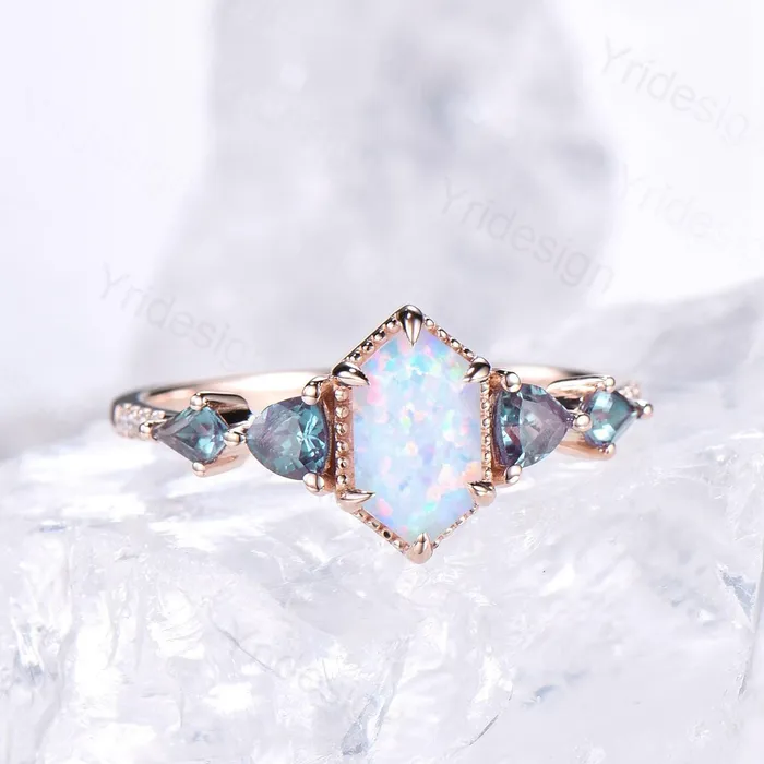 PENFINE Rings Vintage long hexagon opal engagement ring rose gold triangle kite alexandrite fire opal wedding ring rose gold October birthstone ring gift PENFINE Rings Vintage long hexagon opal engagement ring rose gold triangle kite alexandrite fire opal wedding ring rose gold October birthstone ring gift