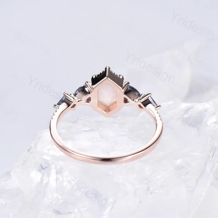 PENFINE Rings Vintage long hexagon opal engagement ring rose gold triangle kite alexandrite fire opal wedding ring rose gold October birthstone ring gift PENFINE Rings Vintage long hexagon opal engagement ring rose gold triangle kite alexandrite fire opal wedding ring rose gold October birthstone ring gift