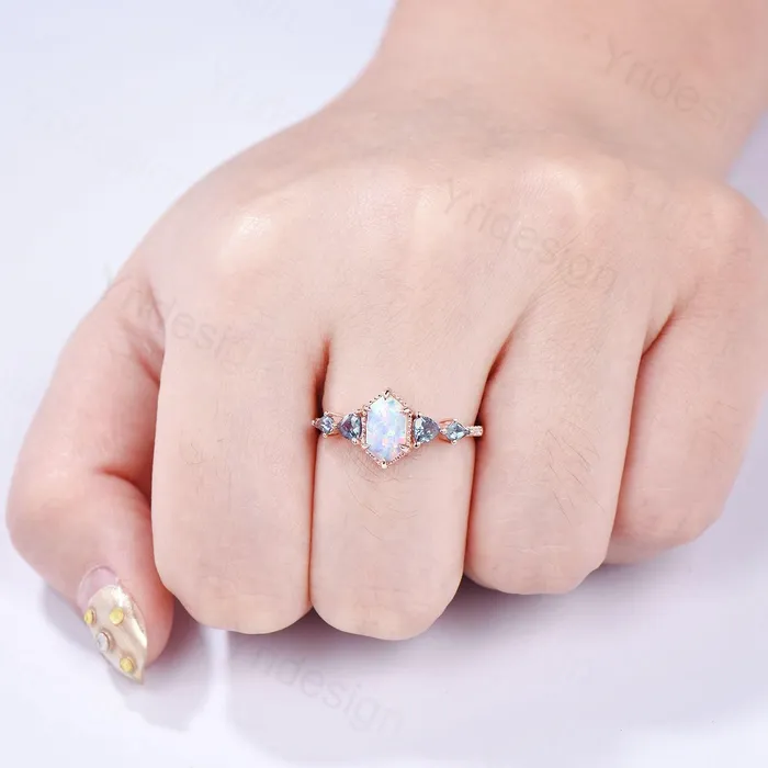 PENFINE Rings Vintage long hexagon opal engagement ring rose gold triangle kite alexandrite fire opal wedding ring rose gold October birthstone ring gift PENFINE Rings Vintage long hexagon opal engagement ring rose gold triangle kite alexandrite fire opal wedding ring rose gold October birthstone ring gift