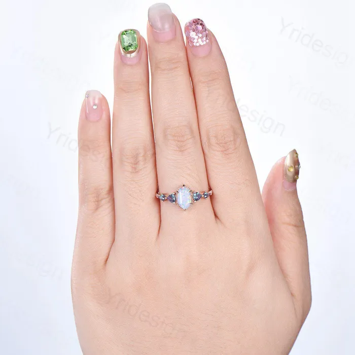 PENFINE Rings Vintage long hexagon opal engagement ring rose gold triangle kite alexandrite fire opal wedding ring rose gold October birthstone ring gift PENFINE Rings Vintage long hexagon opal engagement ring rose gold triangle kite alexandrite fire opal wedding ring rose gold October birthstone ring gift