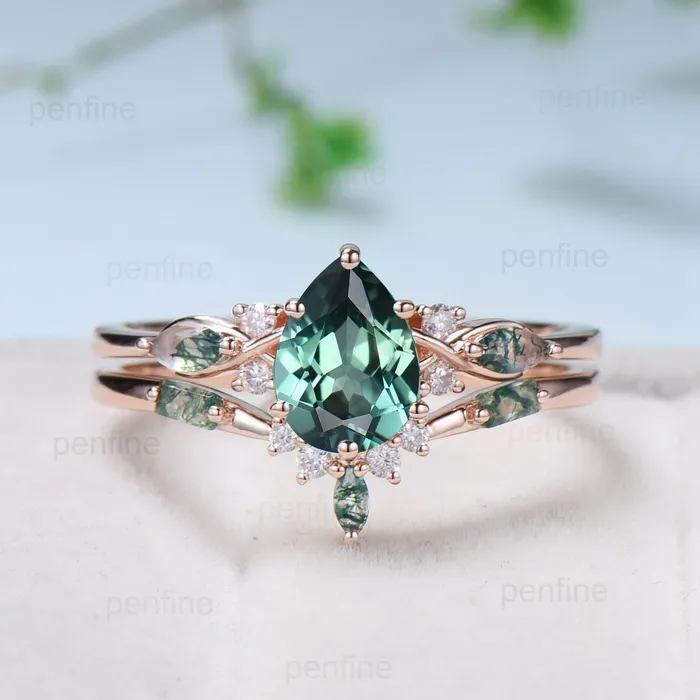 PENFINE Rings Vintage Pear Shaped Green Teal Sapphire Engagement Ring Set Unique 14k Rose Gold Vine Moss Agate Bridal Set Anniversary Promise Ring Gift PENFINE Rings Vintage Pear Shaped Green Teal Sapphire Engagement Ring Set Unique 14k Rose Gold Vine Moss Agate Bridal Set Anniversary Promise Ring Gift