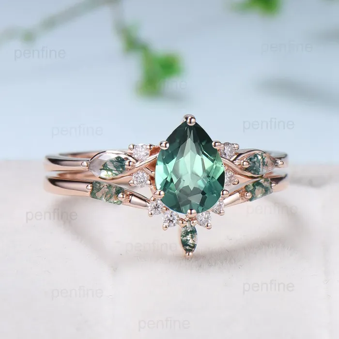 PENFINE Rings Vintage Pear Shaped Green Teal Sapphire Engagement Ring Set Unique 14k Rose Gold Vine Moss Agate Bridal Set Anniversary Promise Ring Gift PENFINE Rings Vintage Pear Shaped Green Teal Sapphire Engagement Ring Set Unique 14k Rose Gold Vine Moss Agate Bridal Set Anniversary Promise Ring Gift