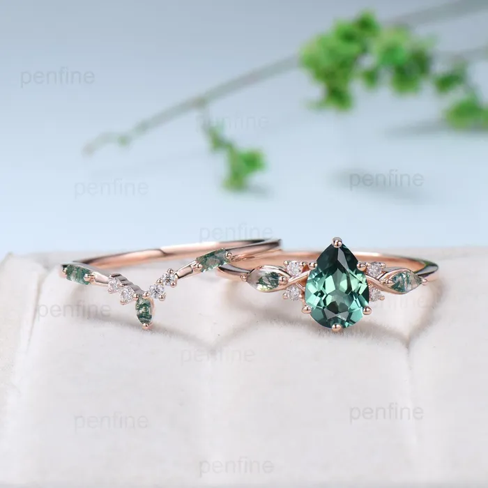 PENFINE Rings Vintage Pear Shaped Green Teal Sapphire Engagement Ring Set Unique 14k Rose Gold Vine Moss Agate Bridal Set Anniversary Promise Ring Gift PENFINE Rings Vintage Pear Shaped Green Teal Sapphire Engagement Ring Set Unique 14k Rose Gold Vine Moss Agate Bridal Set Anniversary Promise Ring Gift