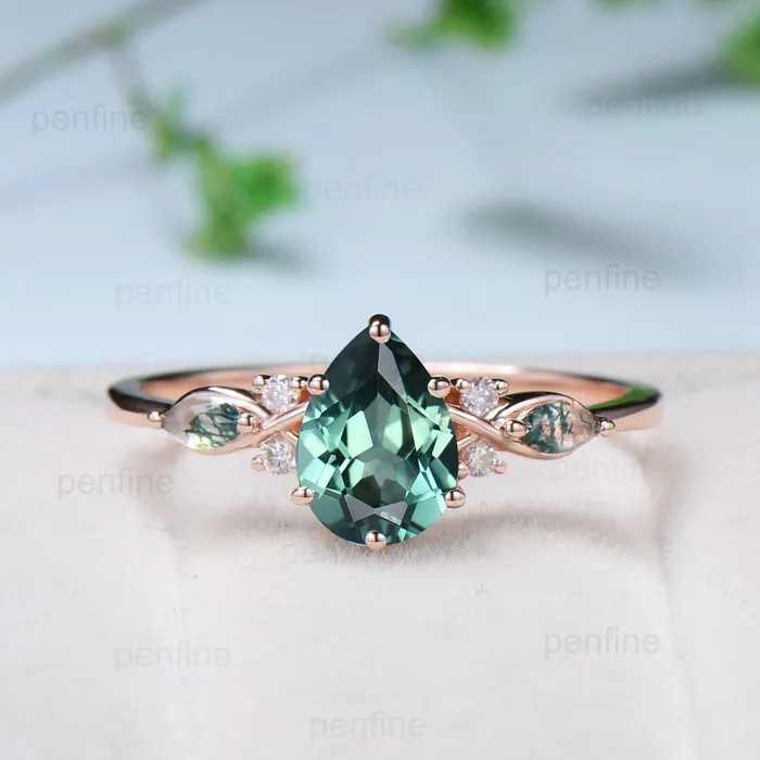PENFINE Rings Vintage Pear Shaped Green Teal Sapphire Engagement Ring Set Unique 14k Rose Gold Vine Moss Agate Bridal Set Anniversary Promise Ring Gift PENFINE Rings Vintage Pear Shaped Green Teal Sapphire Engagement Ring Set Unique 14k Rose Gold Vine Moss Agate Bridal Set Anniversary Promise Ring Gift