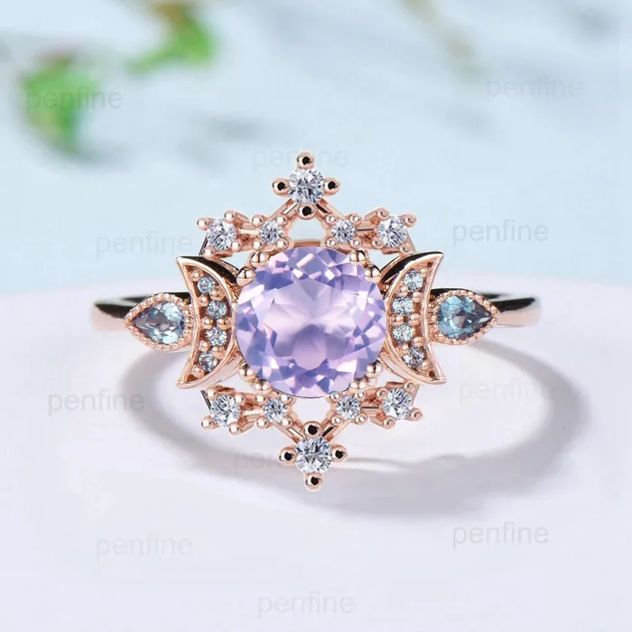 PENFINE Vintage Lavender Amethyst Engagement Ring Fancy Crescent Moon Alexandrite Wedding Ring Galaxy Star Art Deco Anniversary Ring Gift for Women Rings PENFINE Vintage Lavender Amethyst Engagement Ring Fancy Crescent Moon Alexandrite Wedding Ring Galaxy Star Art Deco Anniversary Ring Gift for Women Rings