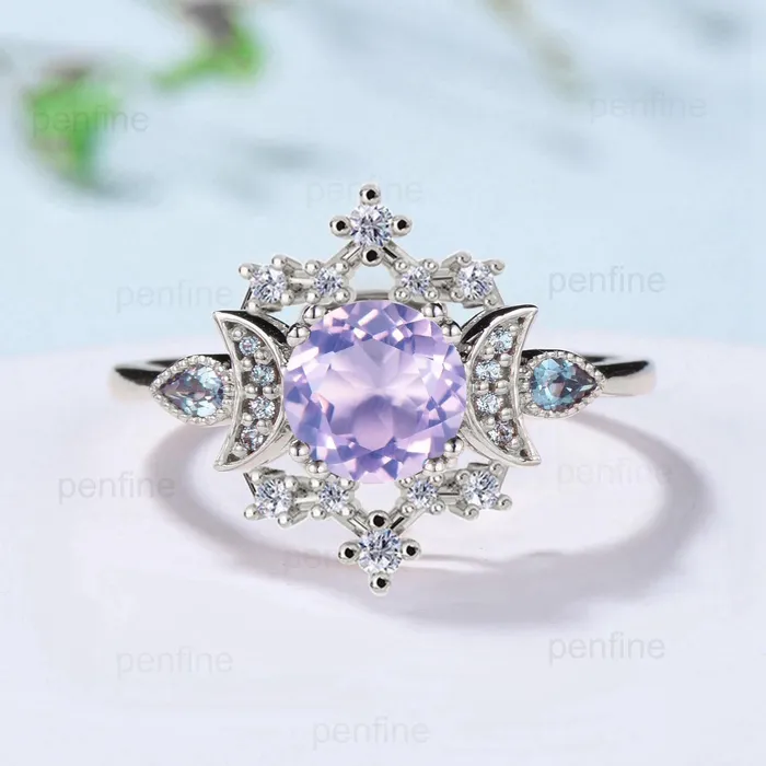 PENFINE Vintage Lavender Amethyst Engagement Ring Fancy Crescent Moon Alexandrite Wedding Ring Galaxy Star Art Deco Anniversary Ring Gift for Women Rings PENFINE Vintage Lavender Amethyst Engagement Ring Fancy Crescent Moon Alexandrite Wedding Ring Galaxy Star Art Deco Anniversary Ring Gift for Women Rings