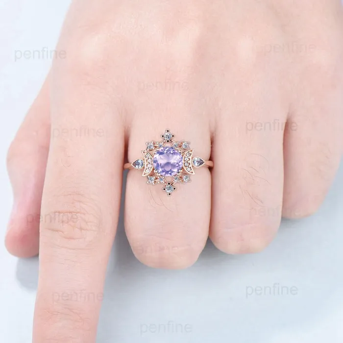 PENFINE Vintage Lavender Amethyst Engagement Ring Fancy Crescent Moon Alexandrite Wedding Ring Galaxy Star Art Deco Anniversary Ring Gift for Women Rings PENFINE Vintage Lavender Amethyst Engagement Ring Fancy Crescent Moon Alexandrite Wedding Ring Galaxy Star Art Deco Anniversary Ring Gift for Women Rings