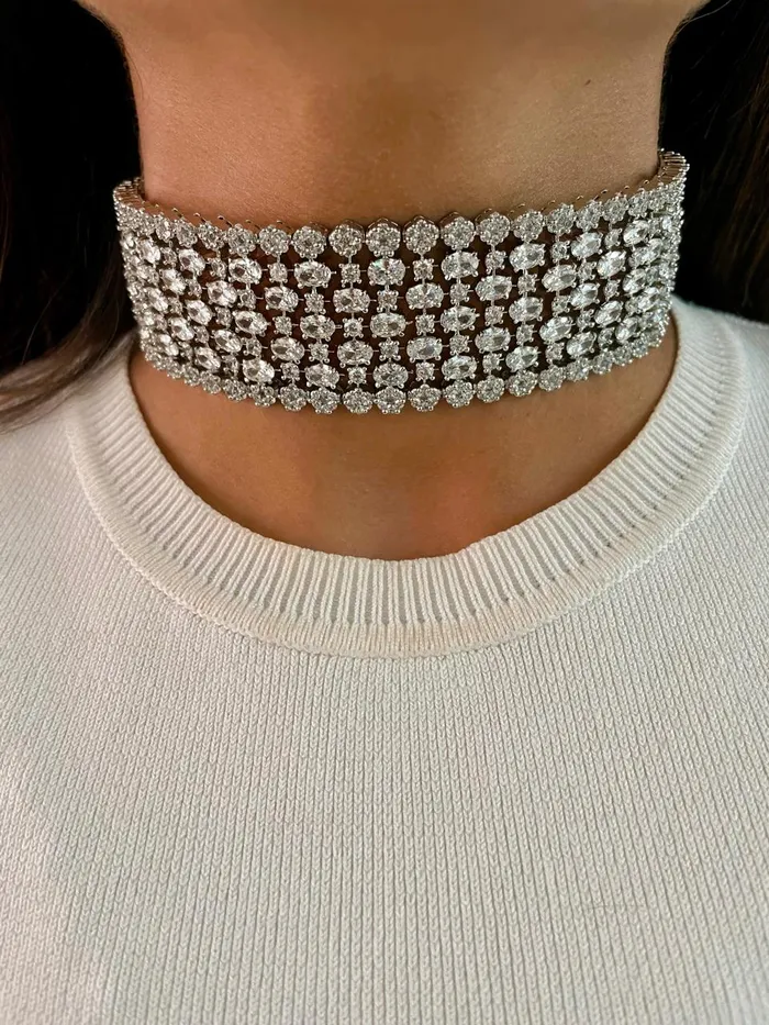 PRERTO ECOMMERCE PRIVATE LIMITED Necklaces Maharani Megan Dimonte 4 Layer Diamonte Necklace Set Necklace Earrings