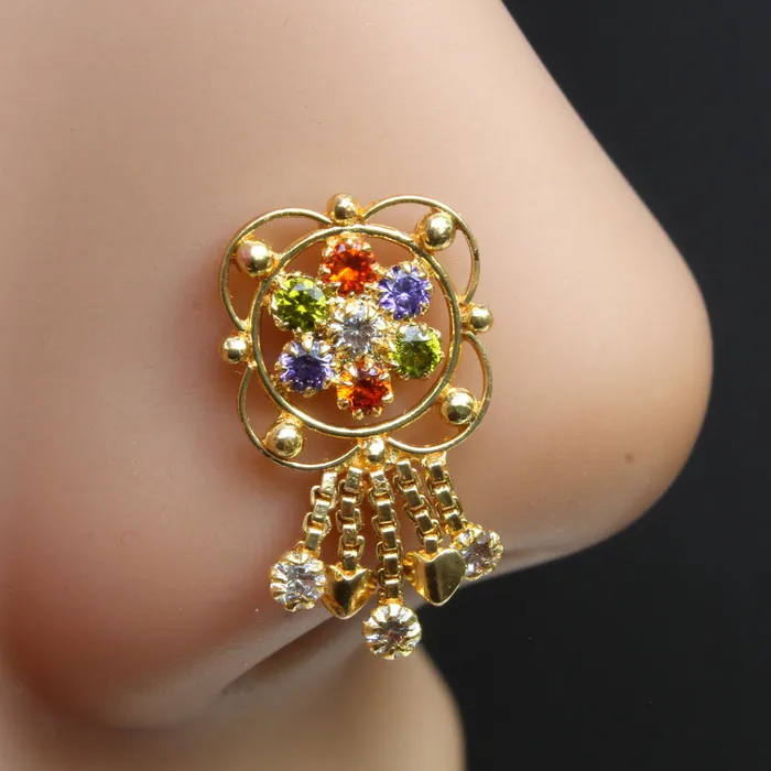 Rings Karizma Jewels Ethnic Big Indian Dangle Nose ring Multicolor CZ Twist Piercing nose ring 22g Rings Karizma Jewels Ethnic Big Indian Dangle Nose ring Multicolor CZ Twist Piercing nose ring 22g