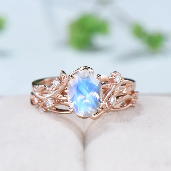 Rings PENFINE Rainbow blue moonstone ring Nature Inspired Leaf moonstone gold wedding ring set twig engagement ring vintage unique promise ring for women Rings PENFINE Rainbow blue moonstone ring Nature Inspired Leaf moonstone gold wedding ring set twig engagement ring vintage unique promise ring for women