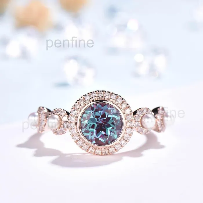 Rings PENFINE Vintage Alexandrite Pearl Diamond Engagement Ring Rose Gold Unique