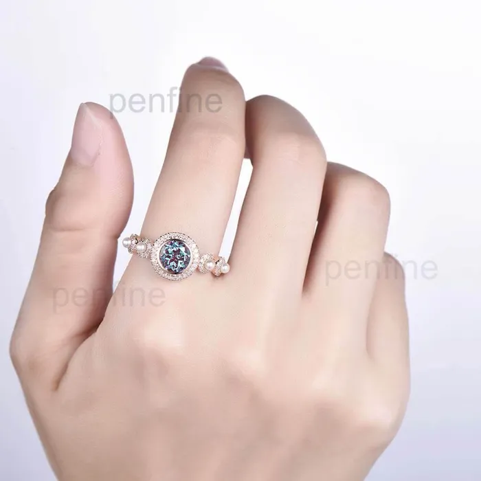Rings PENFINE Vintage Alexandrite Pearl Diamond Engagement Ring Rose Gold Unique