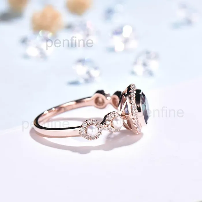 Rings PENFINE Vintage Alexandrite Pearl Diamond Engagement Ring Rose Gold Unique