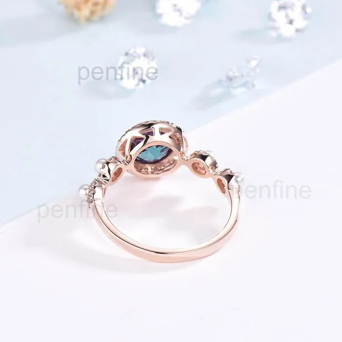 Rings PENFINE Vintage Alexandrite Pearl Diamond Engagement Ring Rose Gold Unique