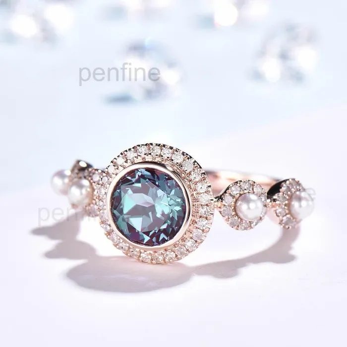 Rings PENFINE Vintage Alexandrite Pearl Diamond Engagement Ring Rose Gold Unique