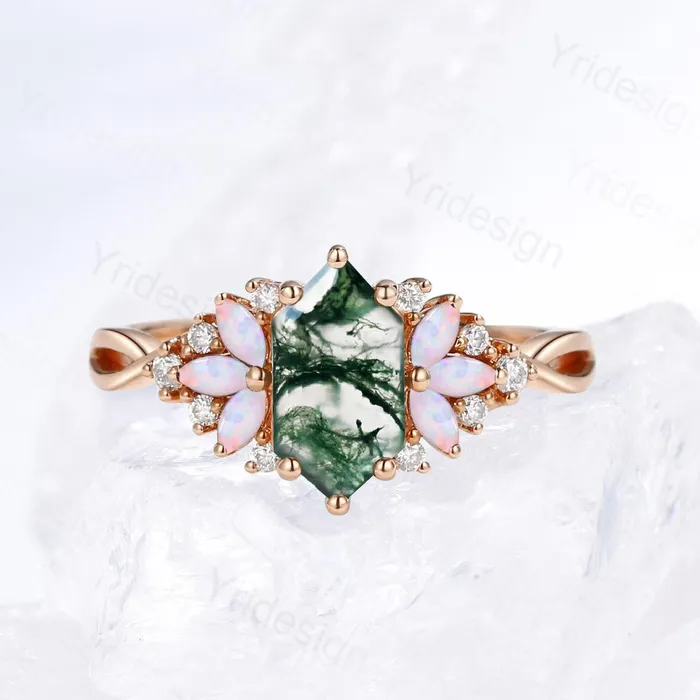 Rings PENFINE Vintage Long Hexagon cut green moss agate engagement ring cluster marquise cut opal wedding ring art deco infinity band ring for women Rings PENFINE Vintage Long Hexagon cut green moss agate engagement ring cluster marquise cut opal wedding ring art deco infinity band ring for women