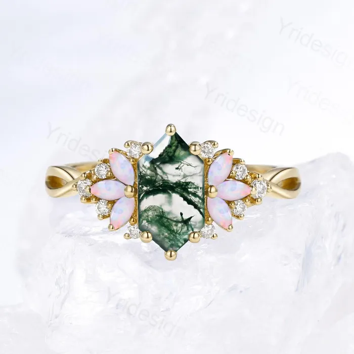 Rings PENFINE Vintage Long Hexagon cut green moss agate engagement ring cluster marquise cut opal wedding ring art deco infinity band ring for women Rings PENFINE Vintage Long Hexagon cut green moss agate engagement ring cluster marquise cut opal wedding ring art deco infinity band ring for women