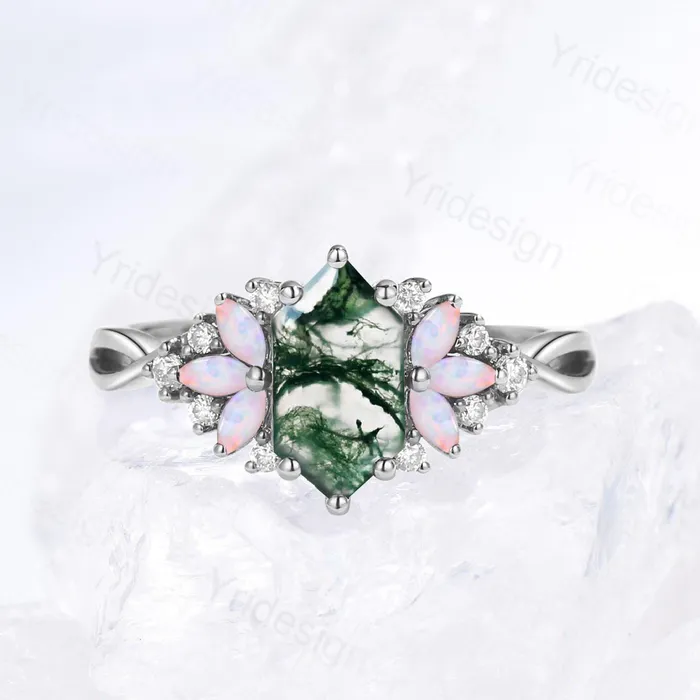 Rings PENFINE Vintage Long Hexagon cut green moss agate engagement ring cluster marquise cut opal wedding ring art deco infinity band ring for women Rings PENFINE Vintage Long Hexagon cut green moss agate engagement ring cluster marquise cut opal wedding ring art deco infinity band ring for women