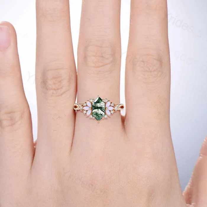 Rings PENFINE Vintage Long Hexagon cut green moss agate engagement ring cluster marquise cut opal wedding ring art deco infinity band ring for women Rings PENFINE Vintage Long Hexagon cut green moss agate engagement ring cluster marquise cut opal wedding ring art deco infinity band ring for women