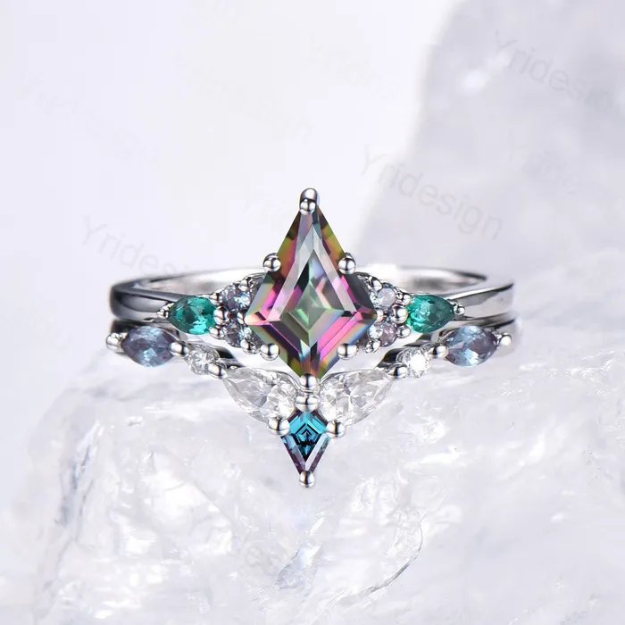 Rings PENFINE Vintage Rainbow mystic topaz engagement ring set kite cut art deco pear emerald alexandrite wedding ring set for women Art deco bridal set Rings PENFINE Vintage Rainbow mystic topaz engagement ring set kite cut art deco pear emerald alexandrite wedding ring set for women Art deco bridal set