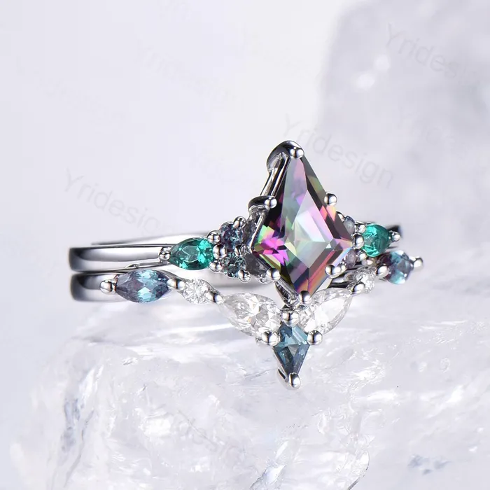Rings PENFINE Vintage Rainbow mystic topaz engagement ring set kite cut art deco pear emerald alexandrite wedding ring set for women Art deco bridal set Rings PENFINE Vintage Rainbow mystic topaz engagement ring set kite cut art deco pear emerald alexandrite wedding ring set for women Art deco bridal set