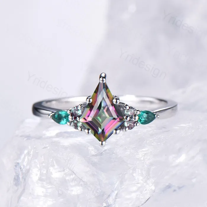 Rings PENFINE Vintage Rainbow mystic topaz engagement ring set kite cut art deco pear emerald alexandrite wedding ring set for women Art deco bridal set Rings PENFINE Vintage Rainbow mystic topaz engagement ring set kite cut art deco pear emerald alexandrite wedding ring set for women Art deco bridal set