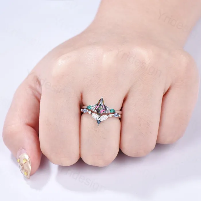 Rings PENFINE Vintage Rainbow mystic topaz engagement ring set kite cut art deco pear emerald alexandrite wedding ring set for women Art deco bridal set Rings PENFINE Vintage Rainbow mystic topaz engagement ring set kite cut art deco pear emerald alexandrite wedding ring set for women Art deco bridal set