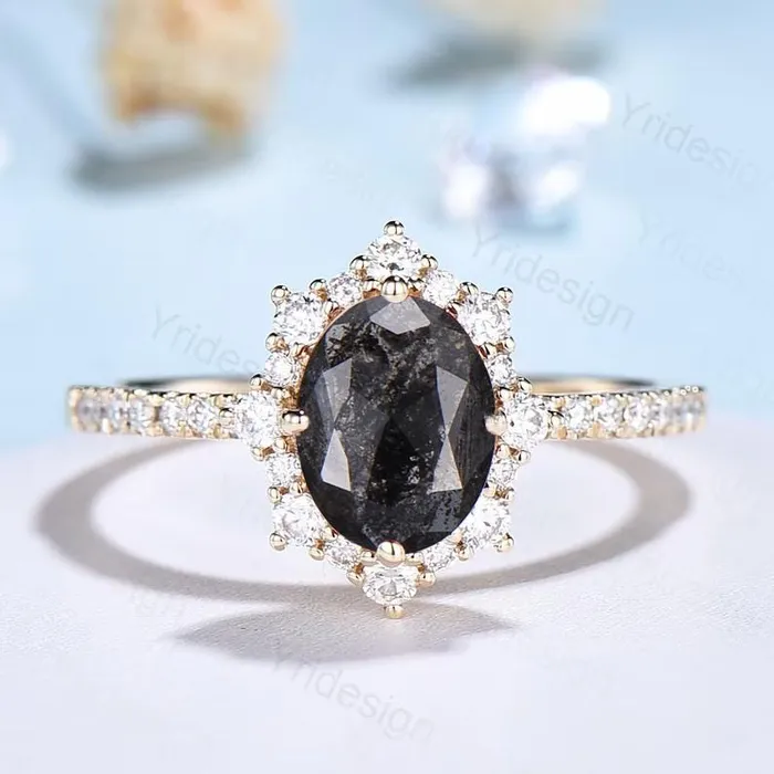 Rings PENFINE Vintage salt and pepper diamond engagement ring 14k rose gold Retro halo diamond pave set band antique promise ring anniversary gift for Her Rings PENFINE Vintage salt and pepper diamond engagement ring 14k rose gold Retro halo diamond pave set band antique promise ring anniversary gift for Her