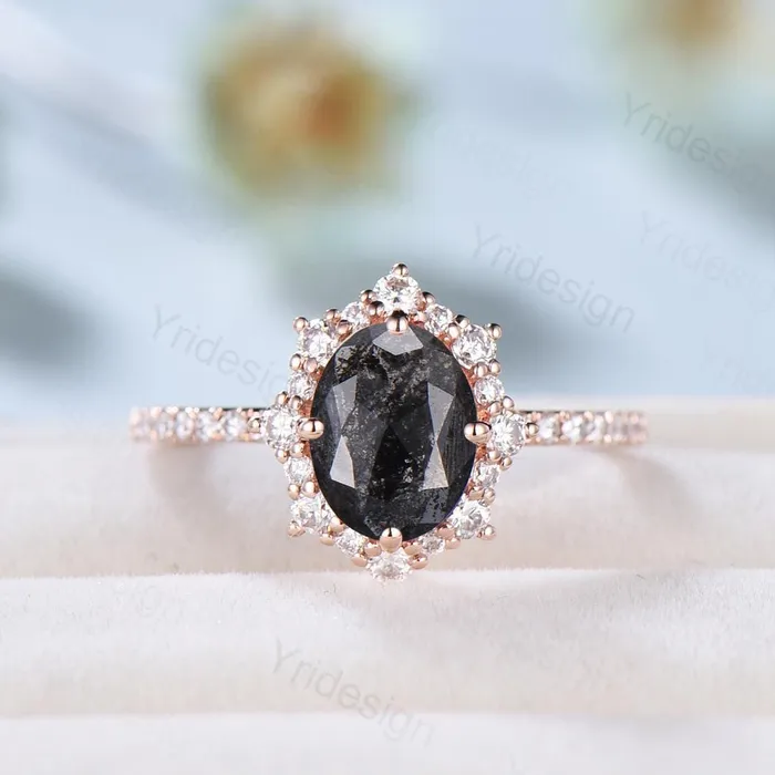 Rings PENFINE Vintage salt and pepper diamond engagement ring 14k rose gold Retro halo diamond pave set band antique promise ring anniversary gift for Her Rings PENFINE Vintage salt and pepper diamond engagement ring 14k rose gold Retro halo diamond pave set band antique promise ring anniversary gift for Her
