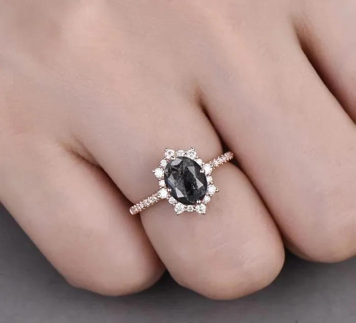 Rings PENFINE Vintage salt and pepper diamond engagement ring 14k rose gold Retro halo diamond pave set band antique promise ring anniversary gift for Her Rings PENFINE Vintage salt and pepper diamond engagement ring 14k rose gold Retro halo diamond pave set band antique promise ring anniversary gift for Her