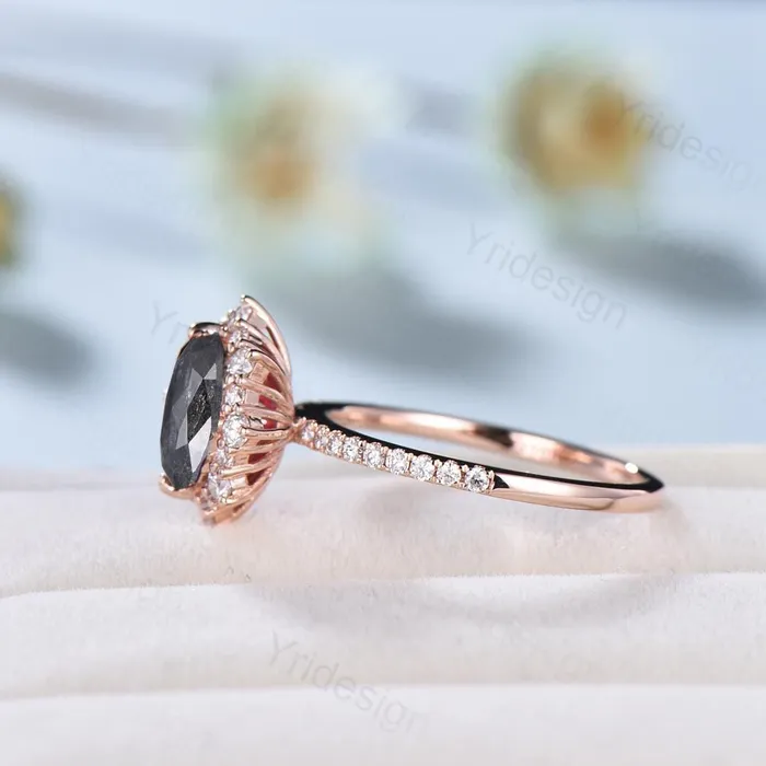 Rings PENFINE Vintage salt and pepper diamond engagement ring 14k rose gold Retro halo diamond pave set band antique promise ring anniversary gift for Her Rings PENFINE Vintage salt and pepper diamond engagement ring 14k rose gold Retro halo diamond pave set band antique promise ring anniversary gift for Her