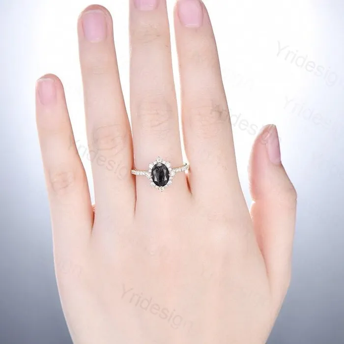 Rings PENFINE Vintage salt and pepper diamond engagement ring 14k rose gold Retro halo diamond pave set band antique promise ring anniversary gift for Her Rings PENFINE Vintage salt and pepper diamond engagement ring 14k rose gold Retro halo diamond pave set band antique promise ring anniversary gift for Her