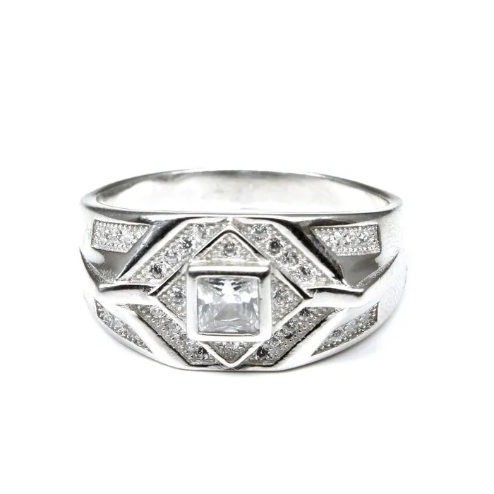 Rings Real Solid Silver Mens Ring CZ Studded Platinum Finish Karizma Jewels