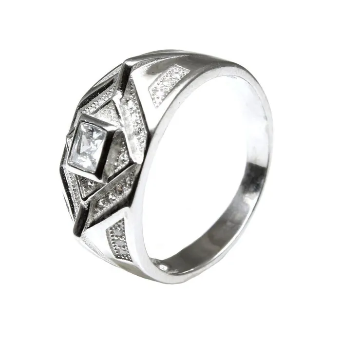 Rings Real Solid Silver Mens Ring CZ Studded Platinum Finish Karizma Jewels