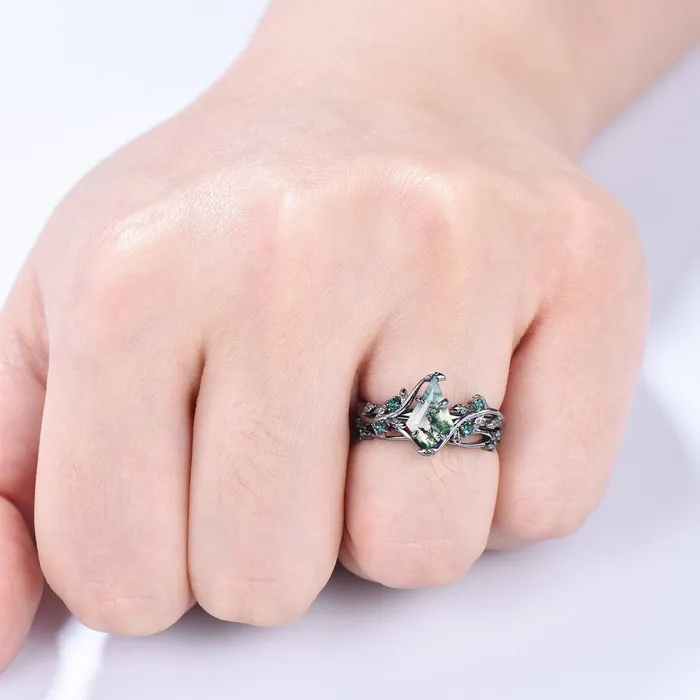 Unique black gold moss agate ring set Nature Inspired kite cut green agate engagement ring cluster emerald eye wedding ring set for women PENFINE Rings Unique black gold moss agate ring set Nature Inspired kite cut green agate engagement ring cluster emerald eye wedding ring set for women PENFINE Rings