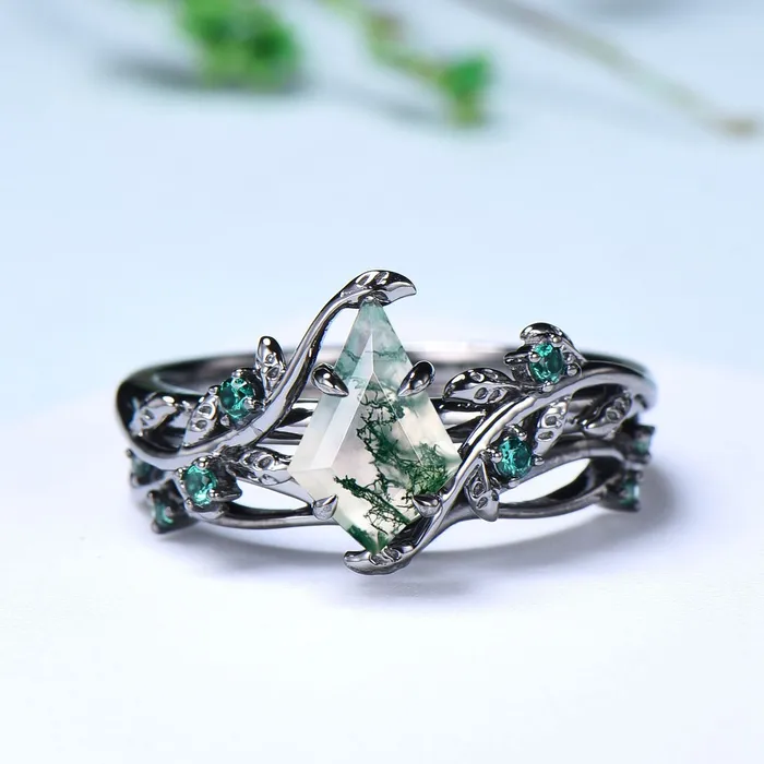 Unique black gold moss agate ring set Nature Inspired kite cut green agate engagement ring cluster emerald eye wedding ring set for women PENFINE Rings Unique black gold moss agate ring set Nature Inspired kite cut green agate engagement ring cluster emerald eye wedding ring set for women PENFINE Rings