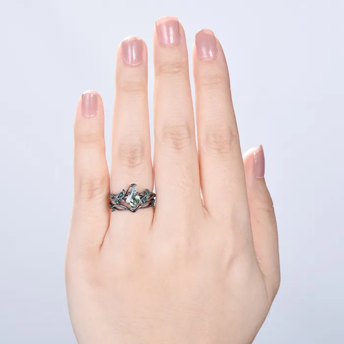 Unique black gold moss agate ring set Nature Inspired kite cut green agate engagement ring cluster emerald eye wedding ring set for women PENFINE Rings Unique black gold moss agate ring set Nature Inspired kite cut green agate engagement ring cluster emerald eye wedding ring set for women PENFINE Rings