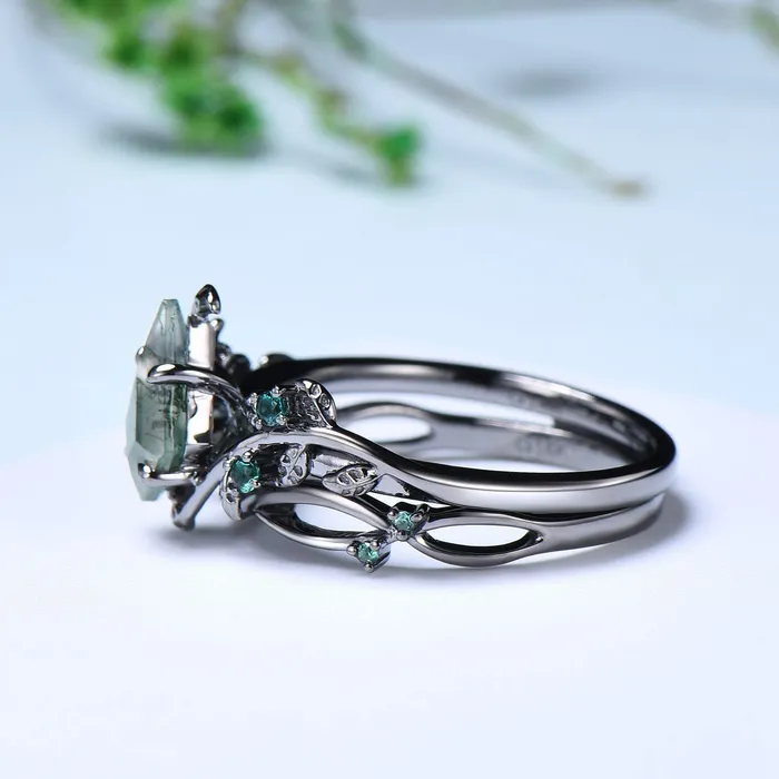 Unique black gold moss agate ring set Nature Inspired kite cut green agate engagement ring cluster emerald eye wedding ring set for women PENFINE Rings Unique black gold moss agate ring set Nature Inspired kite cut green agate engagement ring cluster emerald eye wedding ring set for women PENFINE Rings