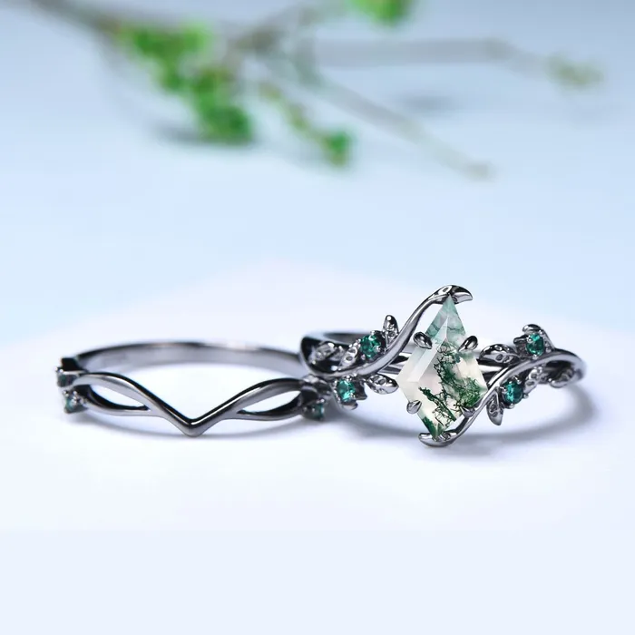 Unique black gold moss agate ring set Nature Inspired kite cut green agate engagement ring cluster emerald eye wedding ring set for women PENFINE Rings Unique black gold moss agate ring set Nature Inspired kite cut green agate engagement ring cluster emerald eye wedding ring set for women PENFINE Rings