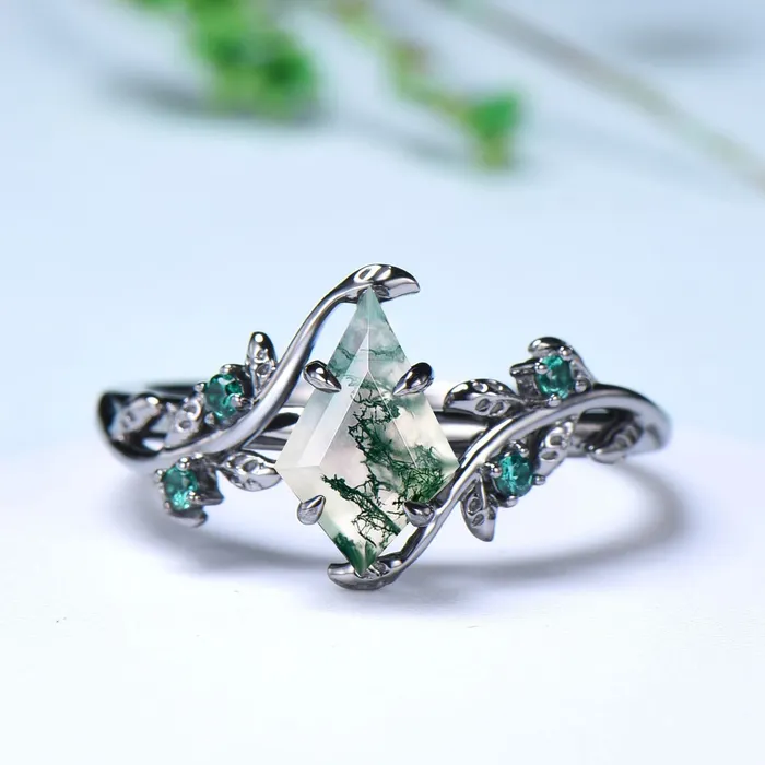 Unique black gold moss agate ring set Nature Inspired kite cut green agate engagement ring cluster emerald eye wedding ring set for women PENFINE Rings Unique black gold moss agate ring set Nature Inspired kite cut green agate engagement ring cluster emerald eye wedding ring set for women PENFINE Rings